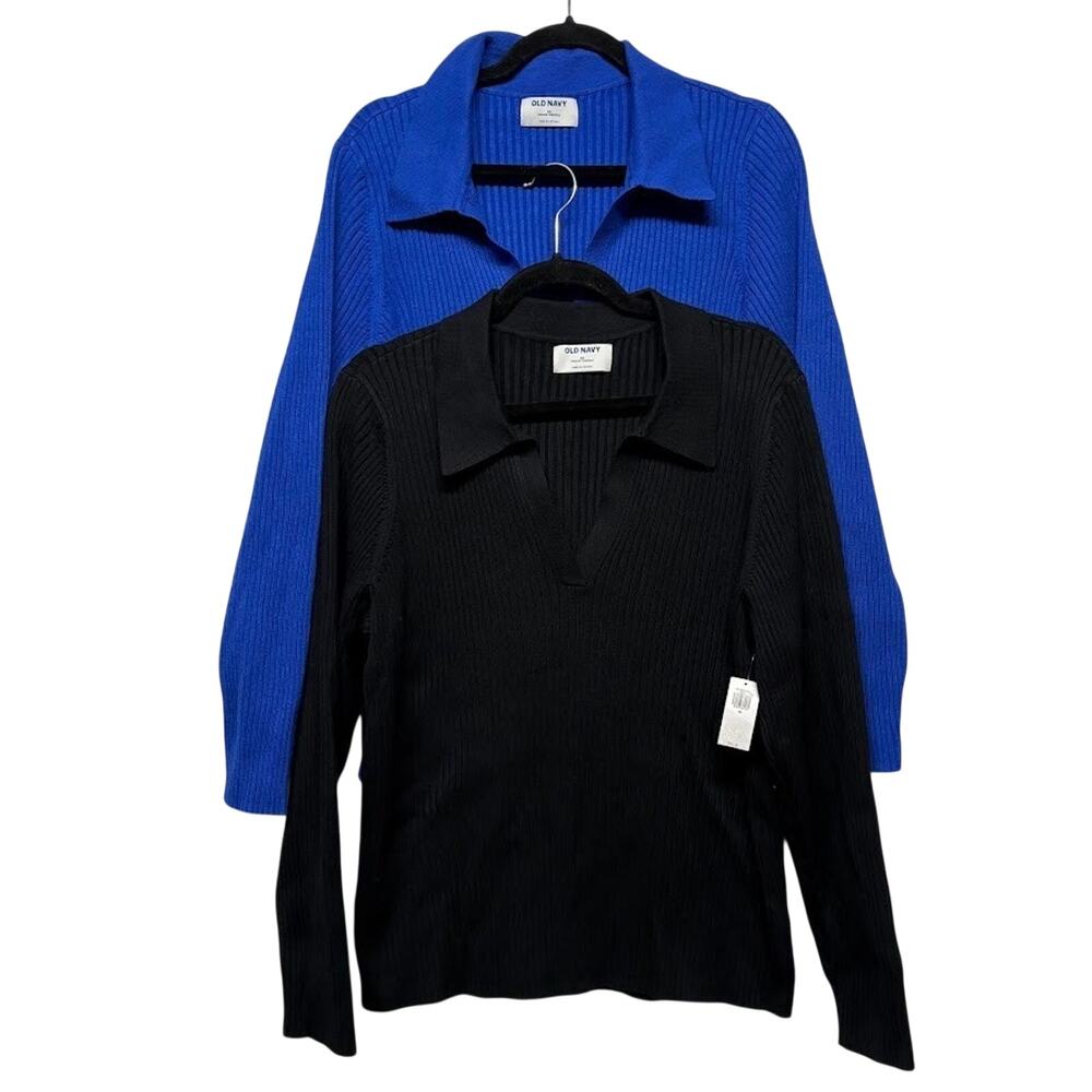 Old Navy Ribbed Sweater Collared V Neck Long Sleeve (2) Blue Black NWT 3X